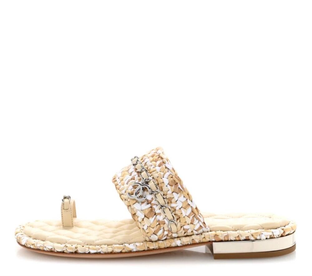 CHANEL Raffia Lambskin Woven Chain CC Toe Ring Sandals Beige White